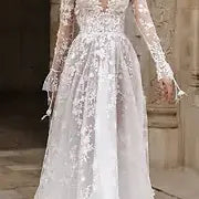 lace applique plunging wedding dress sexy long sleeve mopping evening dress for