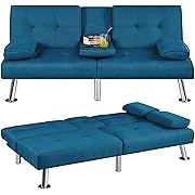 Yaheetech Convertible Sofa Bed Adjustable Fabric Couch Sleeper Modern Recliner Reversible Loveseat Folding Daybed Guest Bed, Removable Armrests, Cup Holders, 3 Angles, 772lb Capacity,