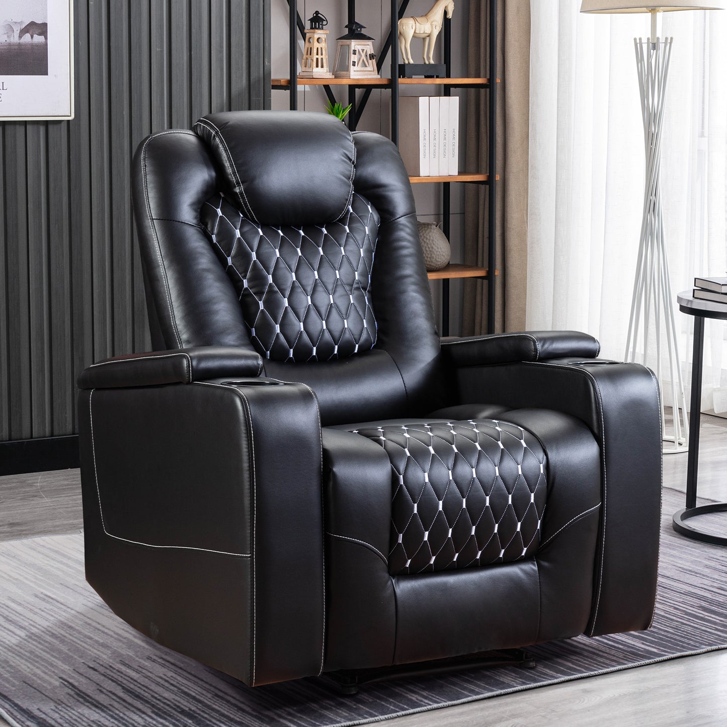 Bonzy Home Power Recliner Chair with USB Ports and Cup Holders - Overstuffed Electric Home Theater Seating PU Leather Reclining Furniture with Hidden Arm Storage (Red)