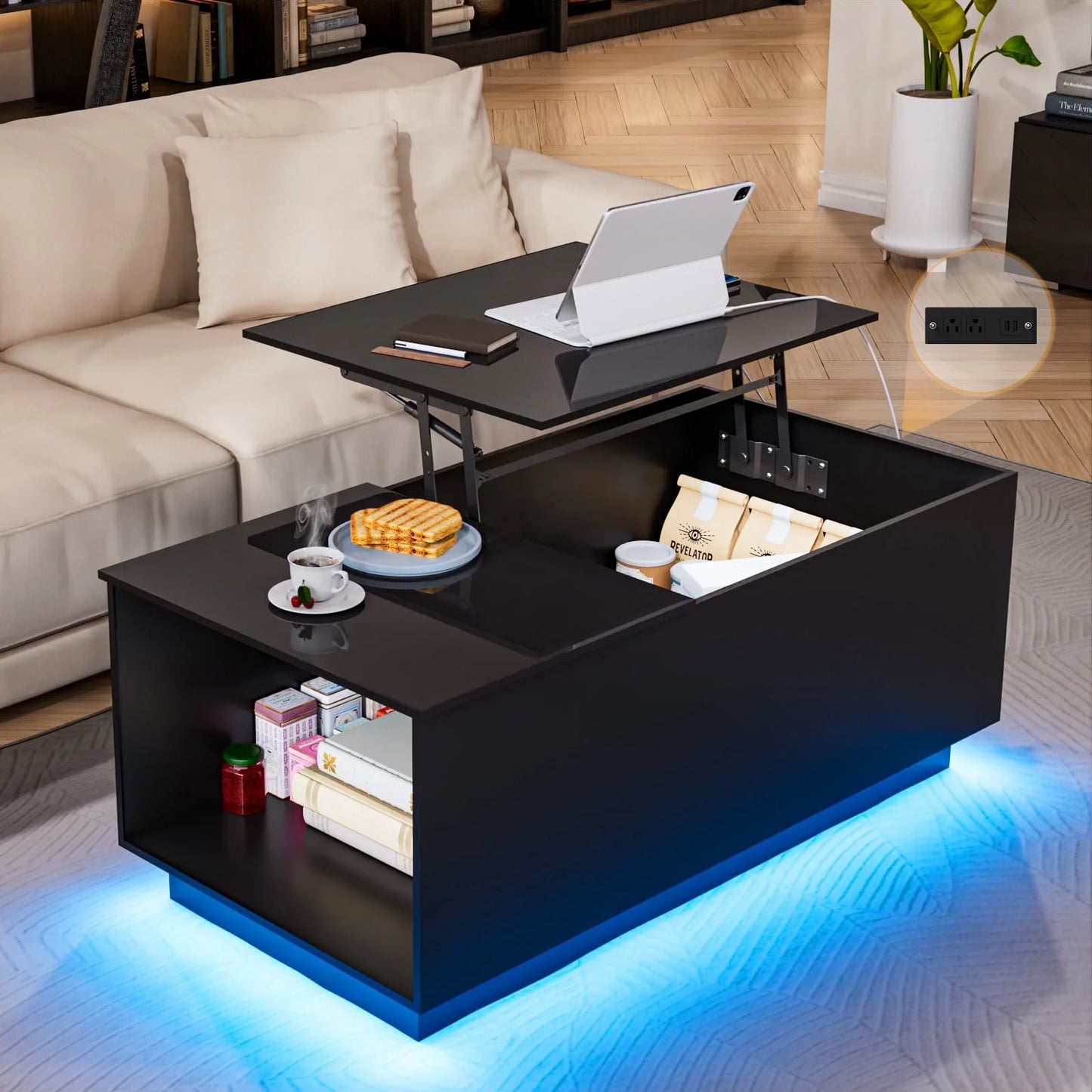 Hommpa LED Coffee Table with USB Ports and Outlets Lift Top Coffee Tables with Storage High Gloss Gray Rectangular Modern Center Table for Living Dining Room