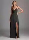 Azazie Calissa Black A-Line V-Neck Pleated Satin Dress