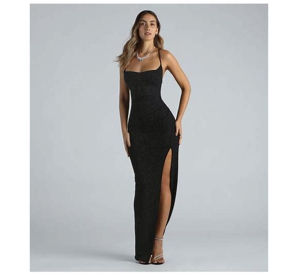 Windsor Amirah Formal Glitter Cowl Neck Long Dress in Black | Size: M | Knit Fabric
