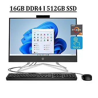 HP 22 All-in-One Business Desktop Computer 21.5" Diagonal FHD IPS Anti-glare Touchscreen AMD Ryzen 3 3250U Processor 16GB DDR4 512GB SSD AMD Radeon Graphics DVD-RW HDMI Webcam Bluetooth Win11 Black