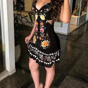 Floral Print Cut Out Cami Dress, Sexy Sleeveless V Neck Summer Dress, Women's Clothing