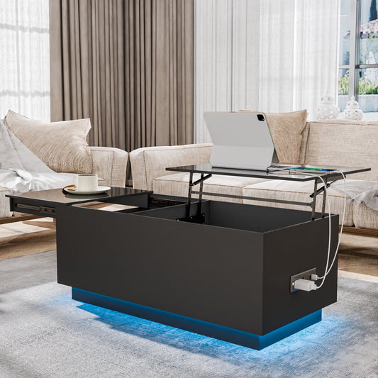 Hommpa LED Coffee Table with USB Ports and Outlets Lift Top Coffee Tables with Storage High Gloss Gray Rectangular Modern Center Table for Living Dining Room