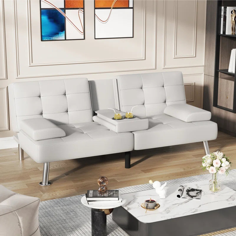 Siomarily 66'' Wide Faux Leather Convertible Upholstered Reclining Sofa with Cup Holder